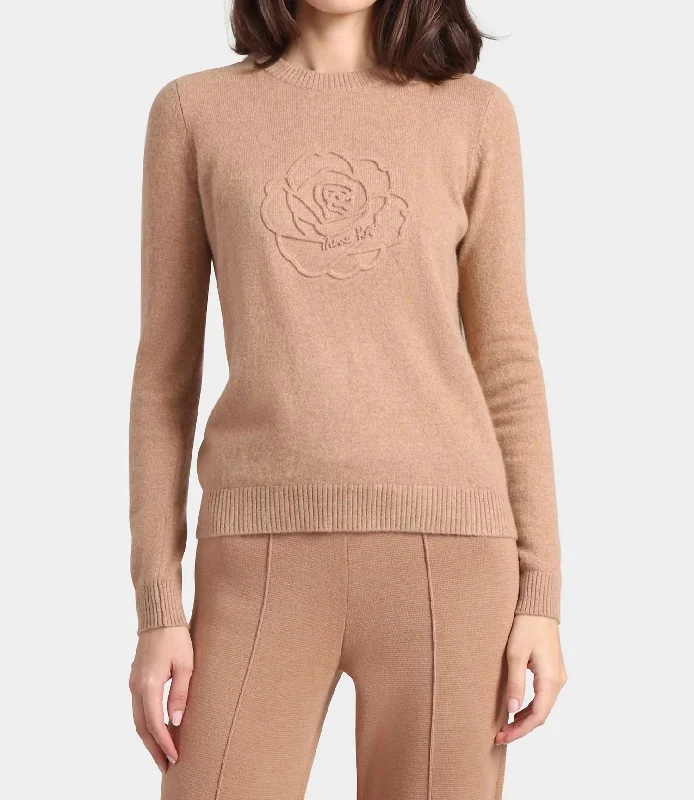 Trendsetting Threads Cashmere Embossed Rose Sweater In Camel