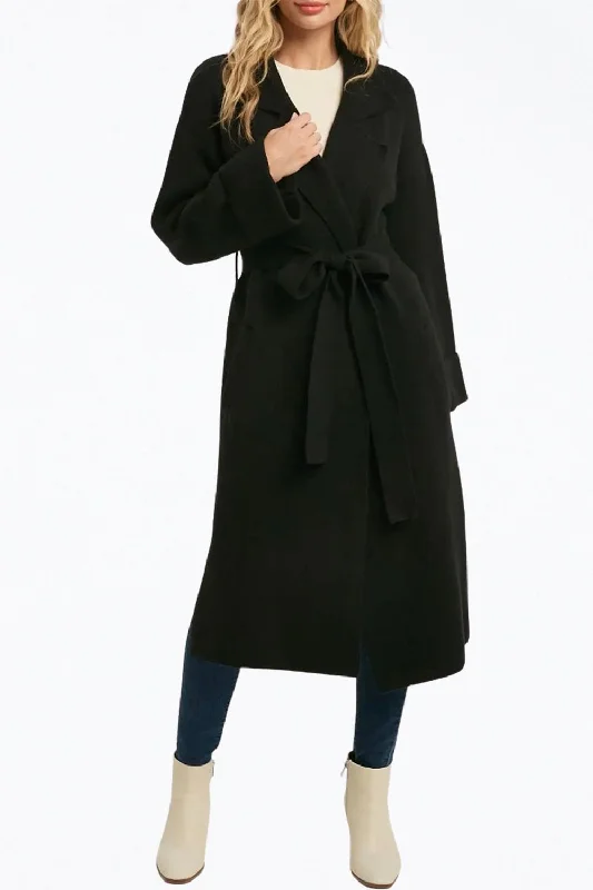 Feminine Soft - Hued Styles Belted Knit Cardigan In Black