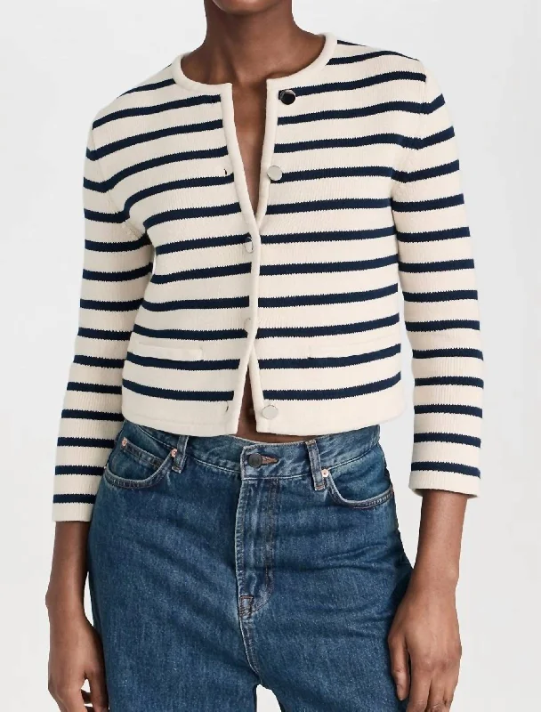 Chic Outfits Stripe Button Cardigan In Cream/bright Navy