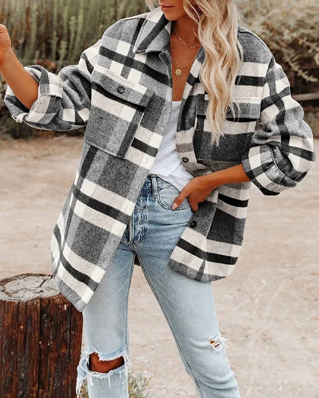 Modern Casual Clothing Women's Plaid Button Flannel Shirt Jacket In Black And White Grid