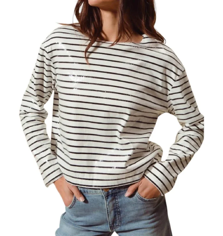 Bold Silhouette Sequins Striped Sailor Sweater In White