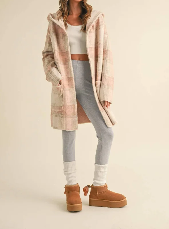 Women's Casual Apparel For Weekends Plaid Hooded Jacket In Pink