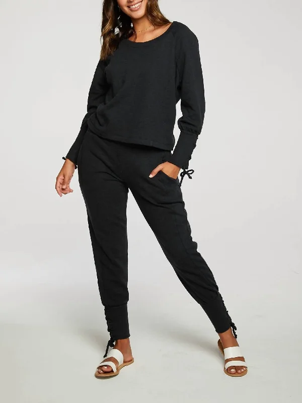 Buy More, Save More Cashmere Fleece Lace Up Blouson Sleeve Raglan Pullover In True Black