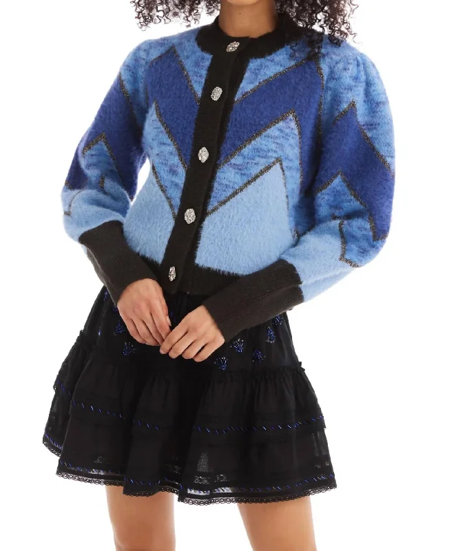 Trend Leading Collection Fuzzy Chevron Cardigan In Blue Multi