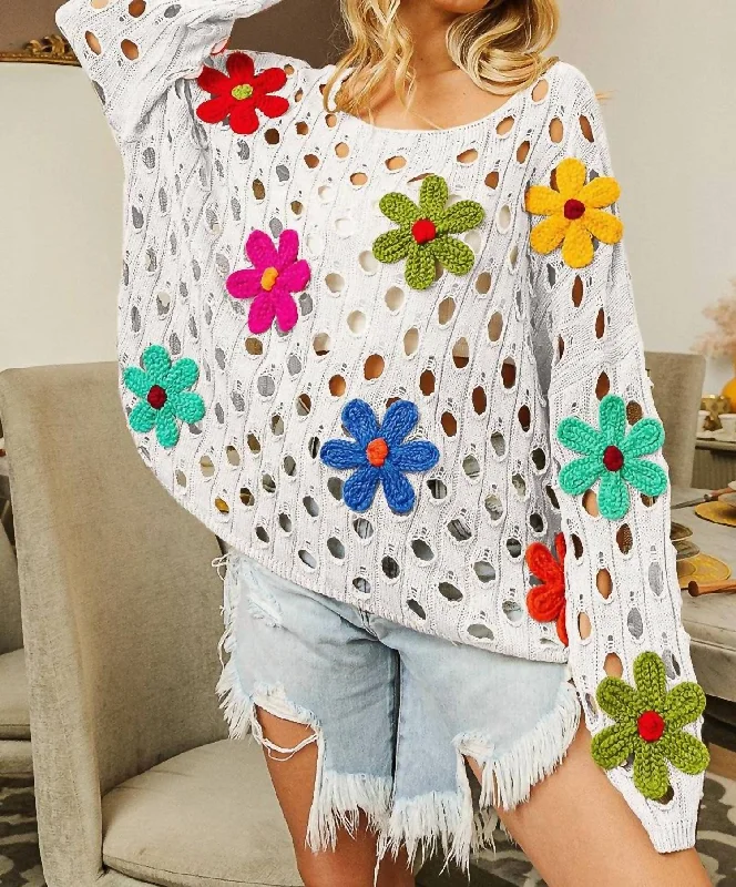 Stylish Basics Perforated Sweater With Flower Appliques In Off White