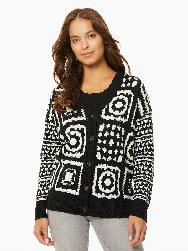 Elegant Attire For The Modern Lady Patchwork Pattern Jacquard Boyfriend Cardigan