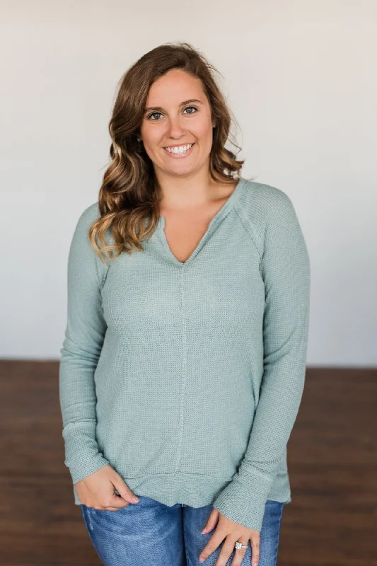 Trendy Looks, Wallet-Friendly Prices There You Go Again Thermal Notch Top- Dusty Sage