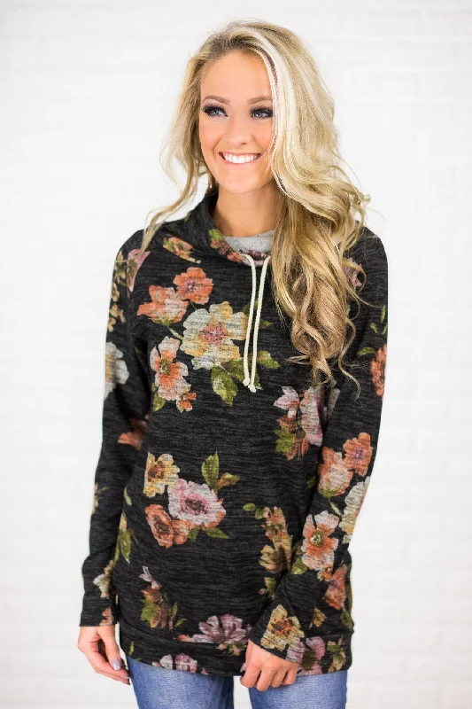 Exclusive Discounts Available Now Floral Cowl Neck Tunic Top ~ Charcoal