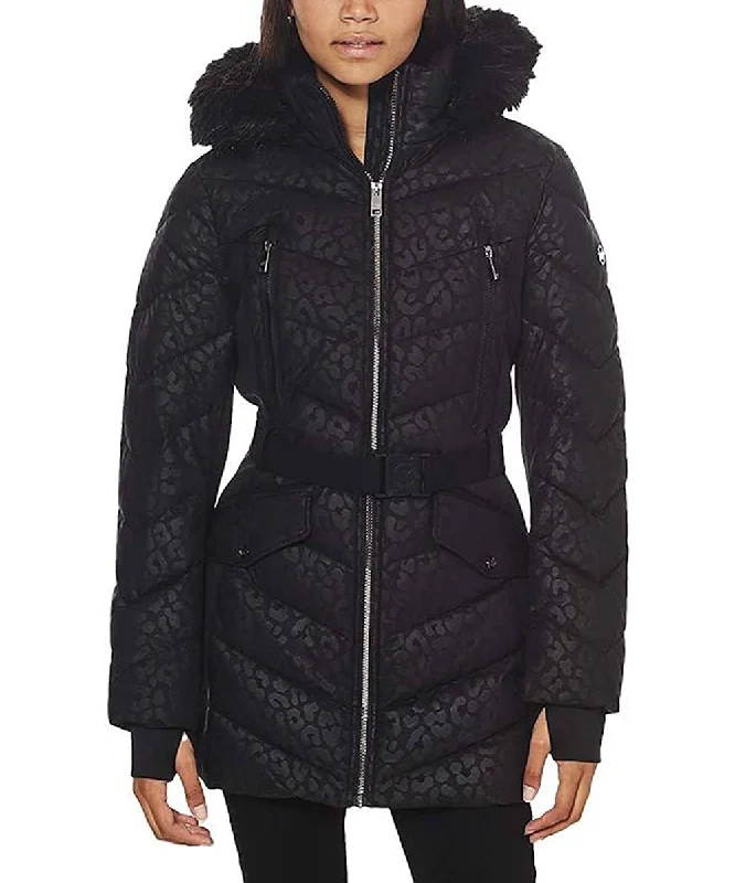 Women's High-Fashion Clothes Michael Michael Kors Women's Logo Leopard Belted Hood Puffer Coat Black Animal