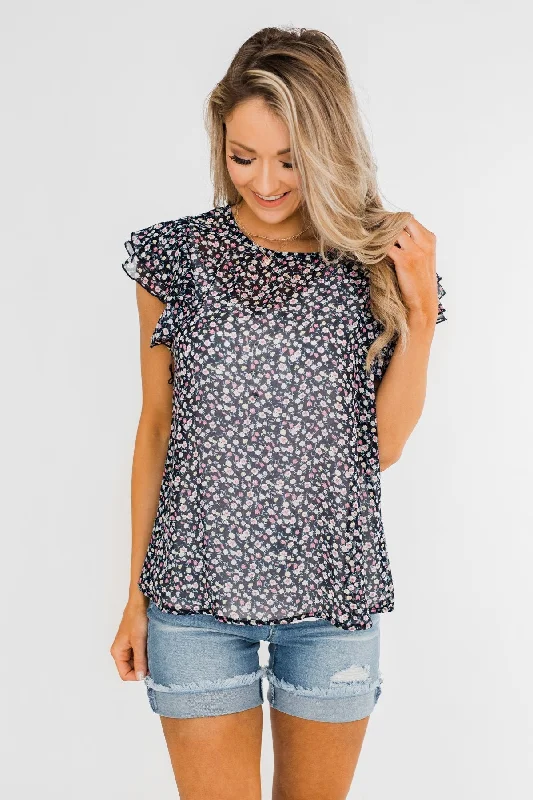 Quick Grab Deals In Perfect Harmony Floral Ruffle Sleeve Top- Navy