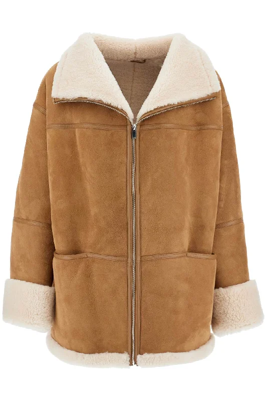 Trendy Boutique Online Toteme Women's Biscuits Shearling Lamb Leather Jacket With Wide Collar