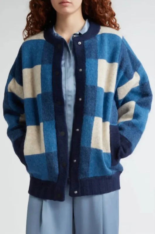 Graceful Fashion Gingham Check Bomber Jacket In Blue Gingham Check