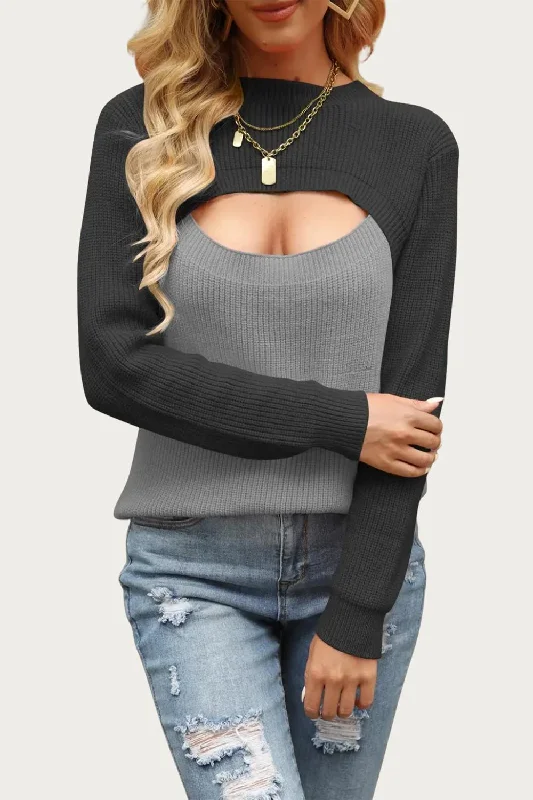 Last Chance Sale Two-Tone Colorblock Cutout Sweater In Dark Grey