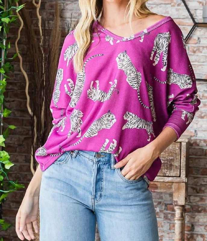 Chic Everyday Wear Tonya Tiger Print Knit Top In Magenta