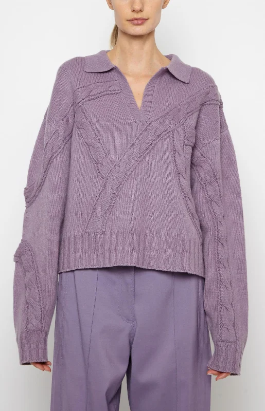 Romantic Detailing Cable Polo Sweater In Lavender