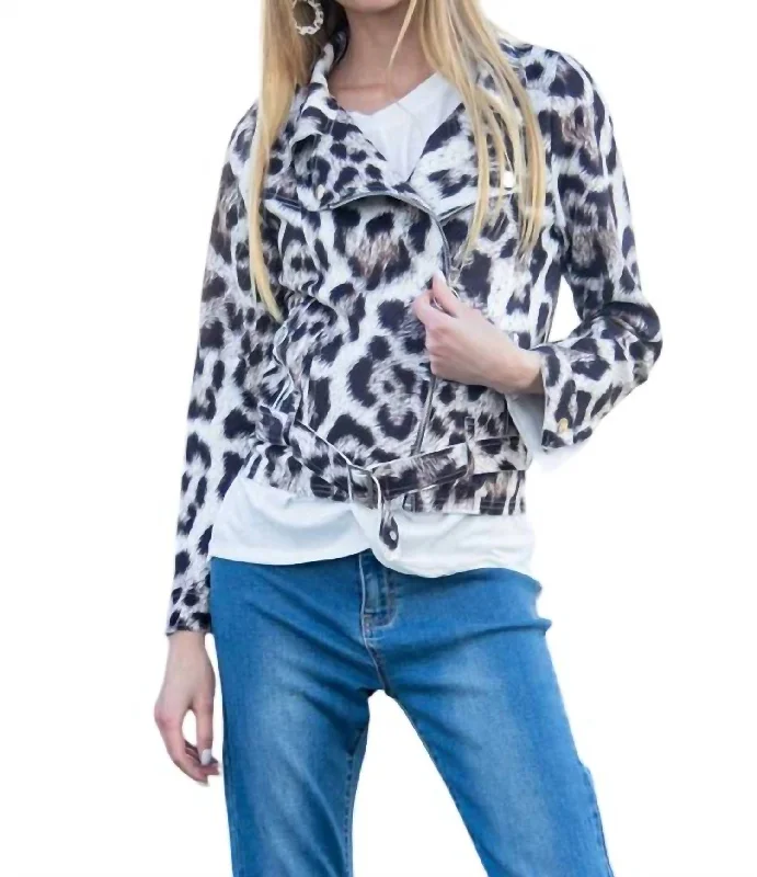 Women's Online Boutique Leopard Print Faux Suede Biker Jacket In Cream