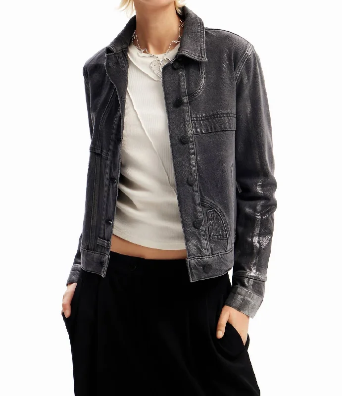 Women's Transitional Outfit Metallic Denim Trucker Jacket In Light Grey