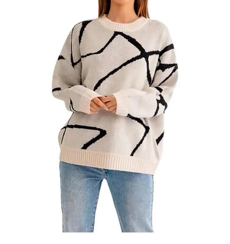 Exquisite Craftsmanship Abstract Pattern Oversized Sweater In Cream Black