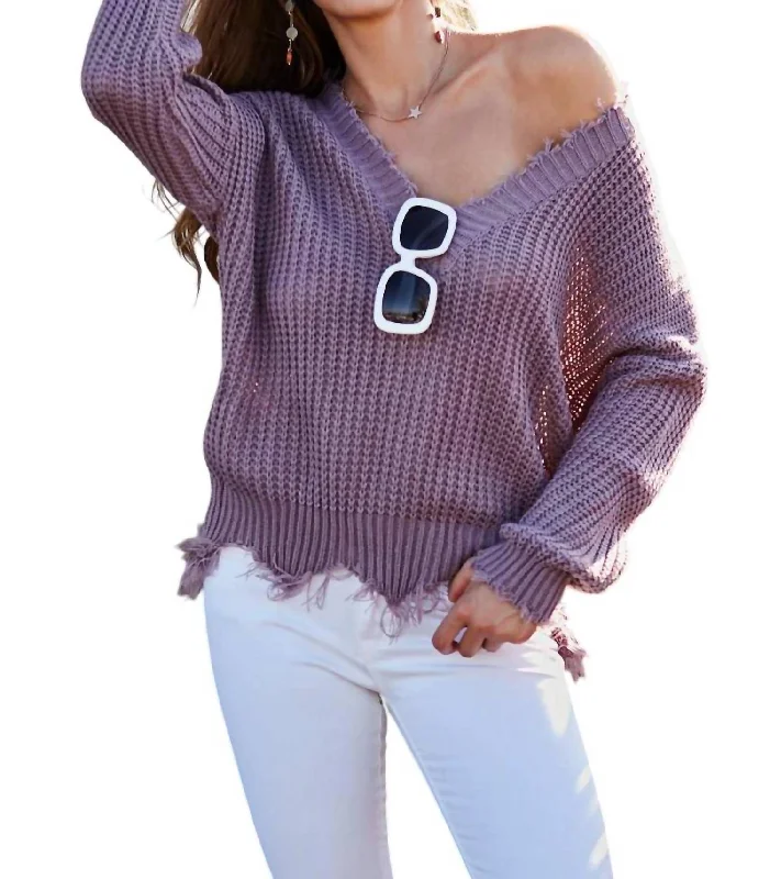 Comfort Meets Fashion Frayed Sweater In Purple Ash