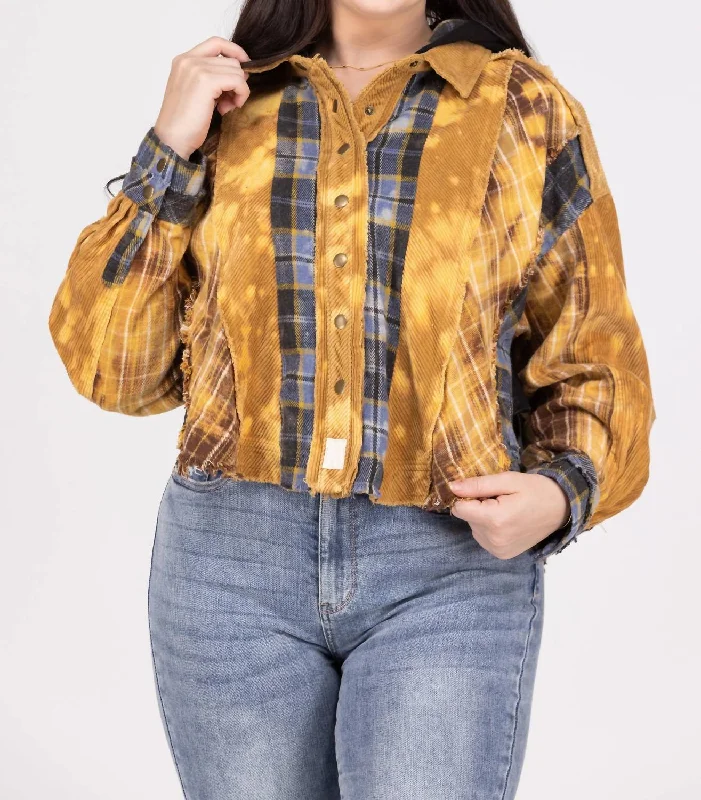 Casual Chic Clothing For Women Frayed Mixed Pattern Shacket In Honey