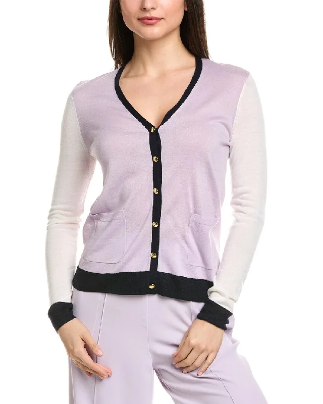 Gorgeous Glamour Collection St. John Fine Gauge Colorblocked Knit V-Neck Wool-Blend Cardigan