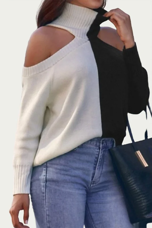Great Prices On Feminine Styles Cold-Shoulder Two-Tone Turtleneck Sweater In Black/white