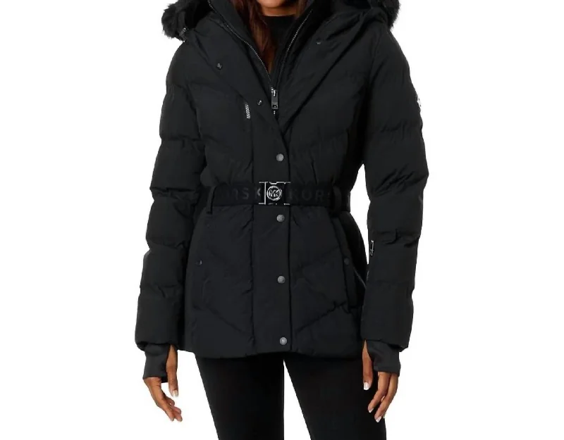 Boho Chic Fashion Belted Down Chevron Scutab Stretch Quilted Jacket In Black