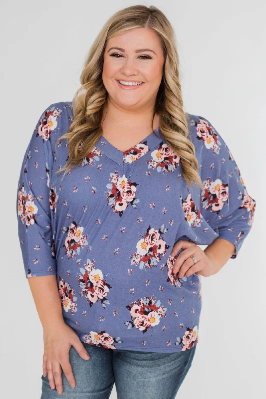 Athleisure Style Sale Floral Enchantment Dolman Top- Blue
