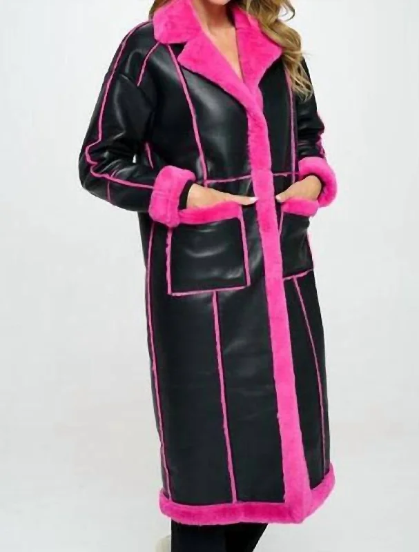 Women's Clothing Faux Leather Coat W/ Faux Fur Details In Blk/pink