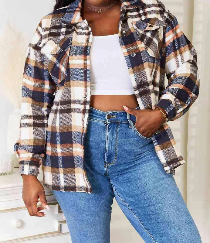 Women's Charming Outfit For Events Elegant Plaid Utility Shirt Jacket In Navy