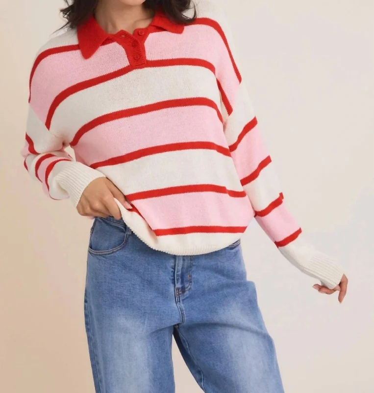 Soft Textures Collared Stripe Sweater In Pink/red