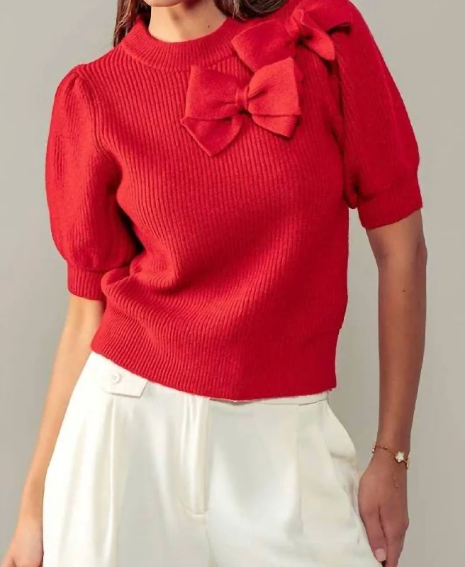 Stylish Savings Double Bow Short Sleeve Sweater In Red
