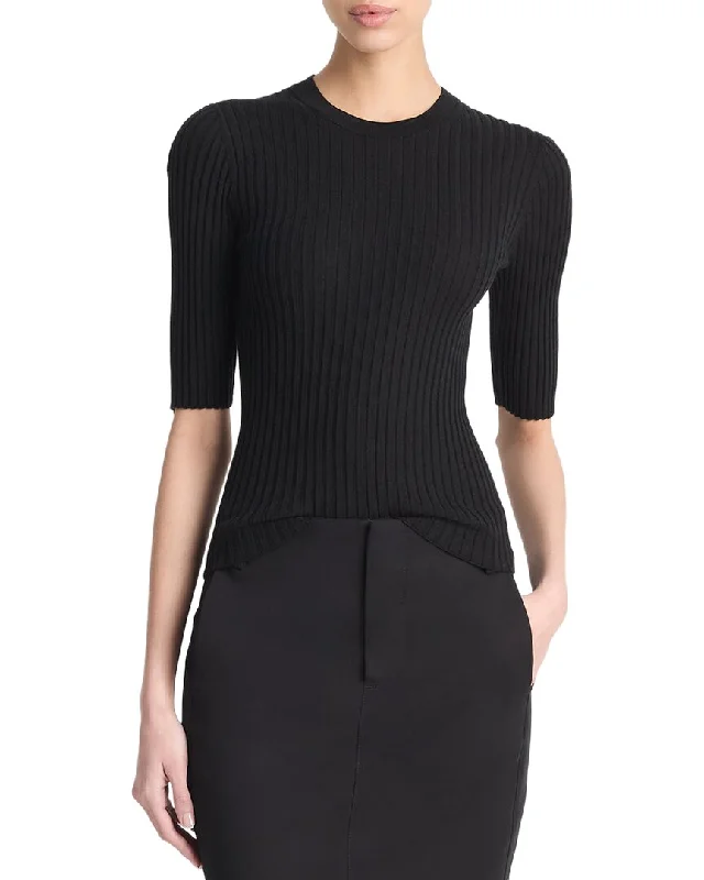 Coastal Beach - Inspired Style Vince Snap Elbow Sleeve Crew Wool & Silk-Blend Top