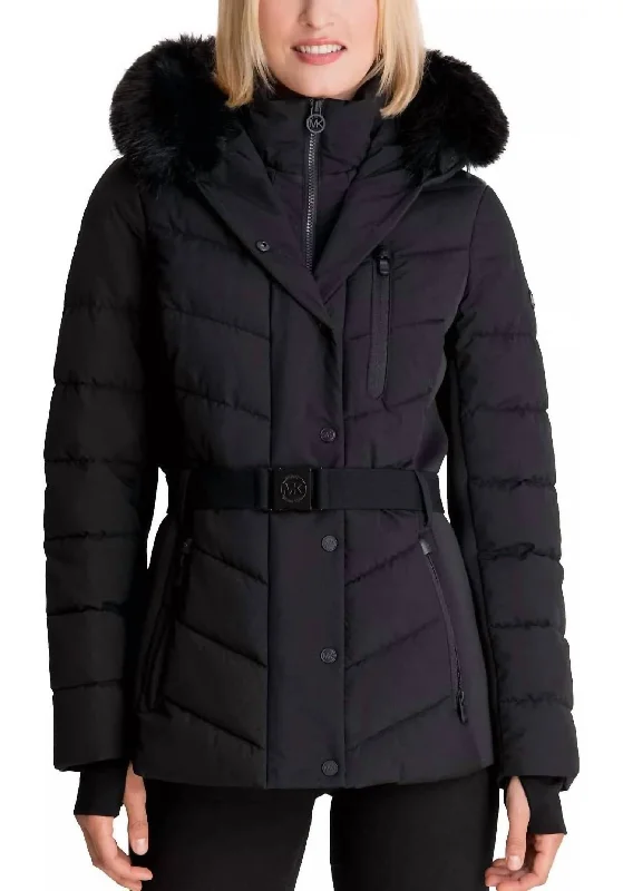 Women's Urban Clothing Scuba Quilted Belted Coat Jacket With Fur Hood In Black