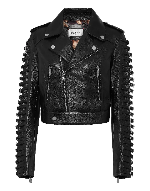 Modern Women's Wardrobe Essentials Leather Jacket Crystal Skull
