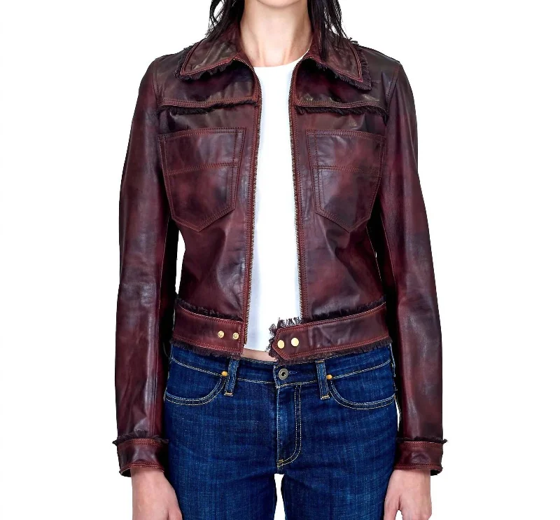 Trendy Women's Fashion Vintage Leather Jacket In Port