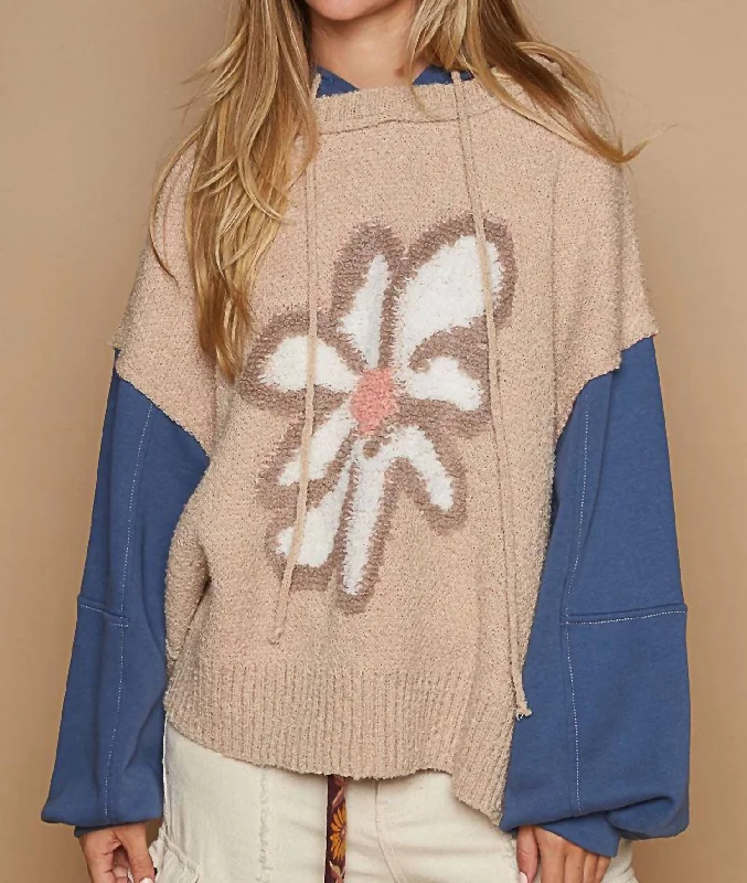 Athleisure Wear Special Offer Flower Pattern Hooded Top In Wheat/navy