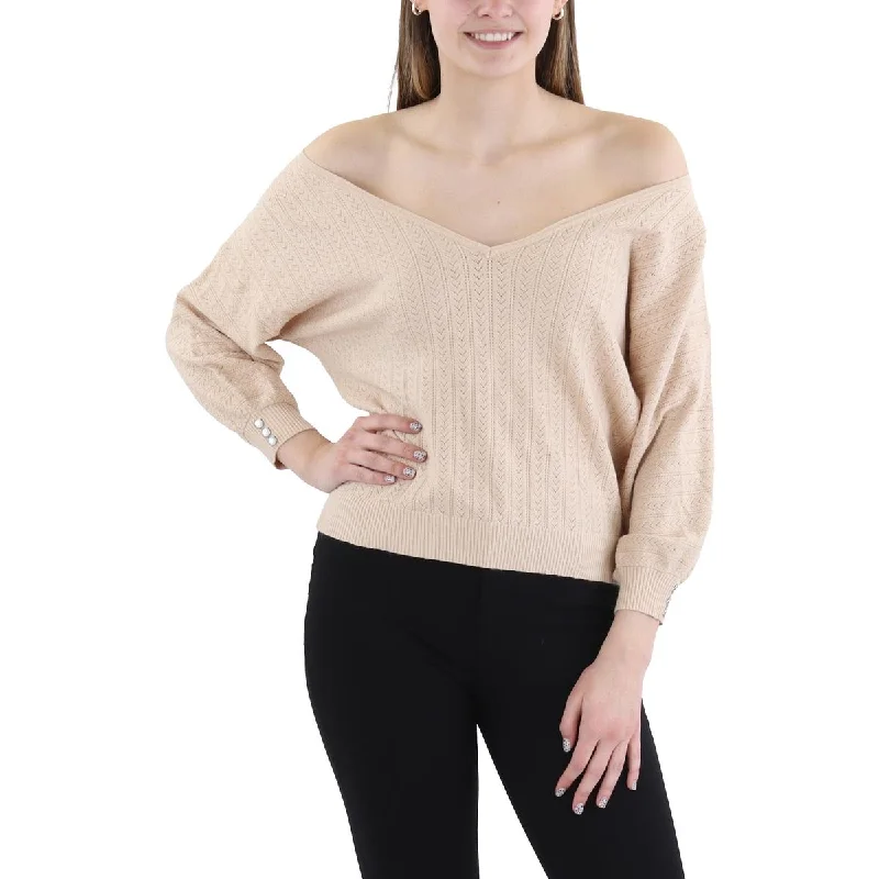 Imeless Style Petites Womens Pointelle Pullover V-Neck Sweater