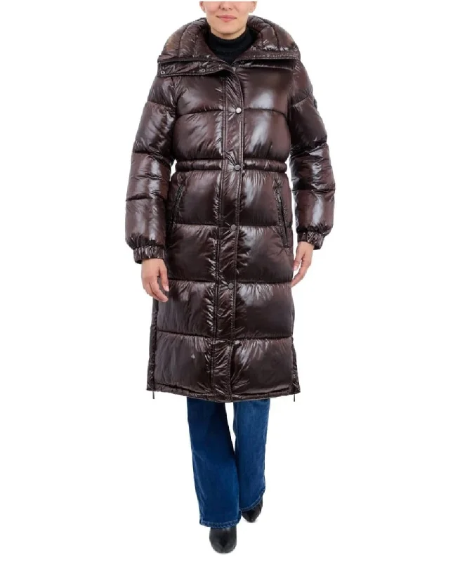 Affordable Women's Clothing Michael Michael Kors Women's Shiny 3/4 Puffer Coat, Chocolate