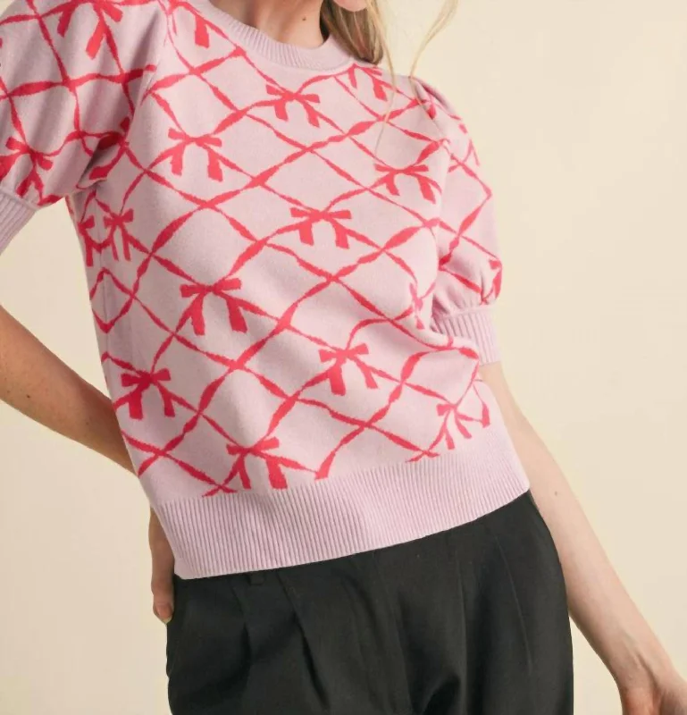 Big Discounts Short Sleeve Bow Pattern Sweater In Pink