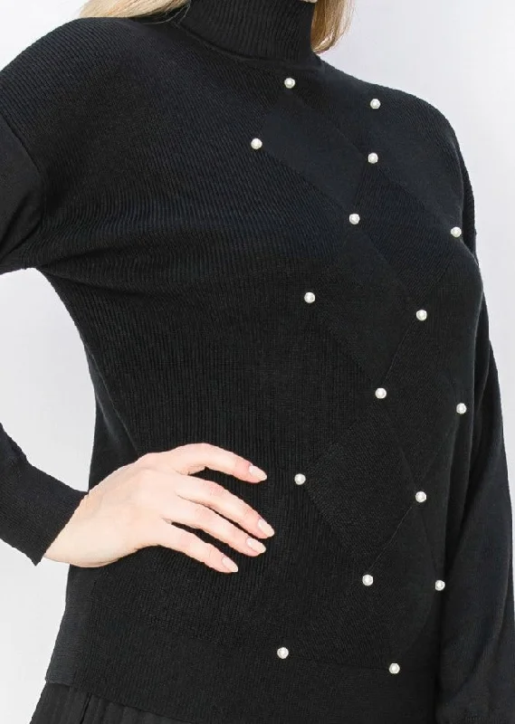 Romantic Date - Night Ensemble Pearl Accent Black Knit Sweater
