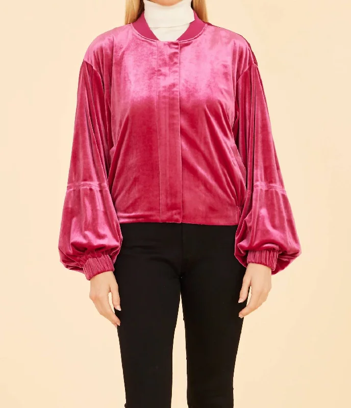 Workwear Fashion for Women Velvet Exaggerated Sleeve Zip Jacket In Fuchsia