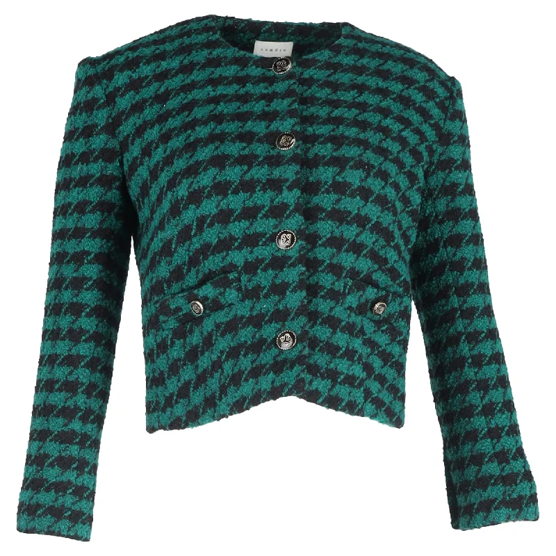 Chic Women's Clothing Online Sandro Paris Houndstooth Print Cropped Blazer in Green Tweed Wool Chic Women's Clothing Online Sandro Paris Houndstooth Print Cropped Blazer in Green Tweed Wool