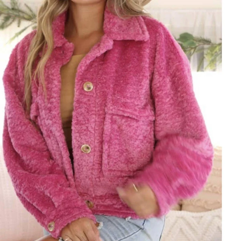 Modern Women's Fashion with Vintage Touches Faux Fur Boxy Jacket In Pink