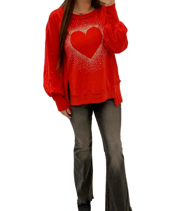 Pastel Styles Rhinestone Heart Pullover In Red