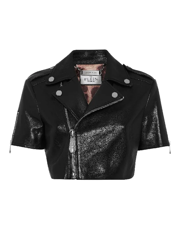 Sales For Clothes Leather Cropped Biker Short Sleeve Jacket