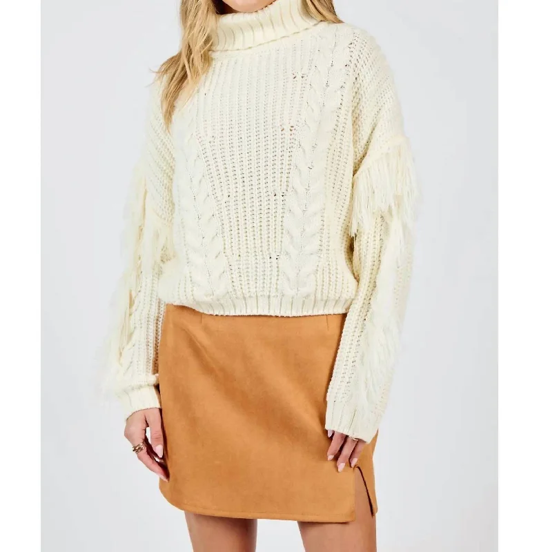 Modern Glamour Fringe Sleeve Turtleneck Sweater In Cream