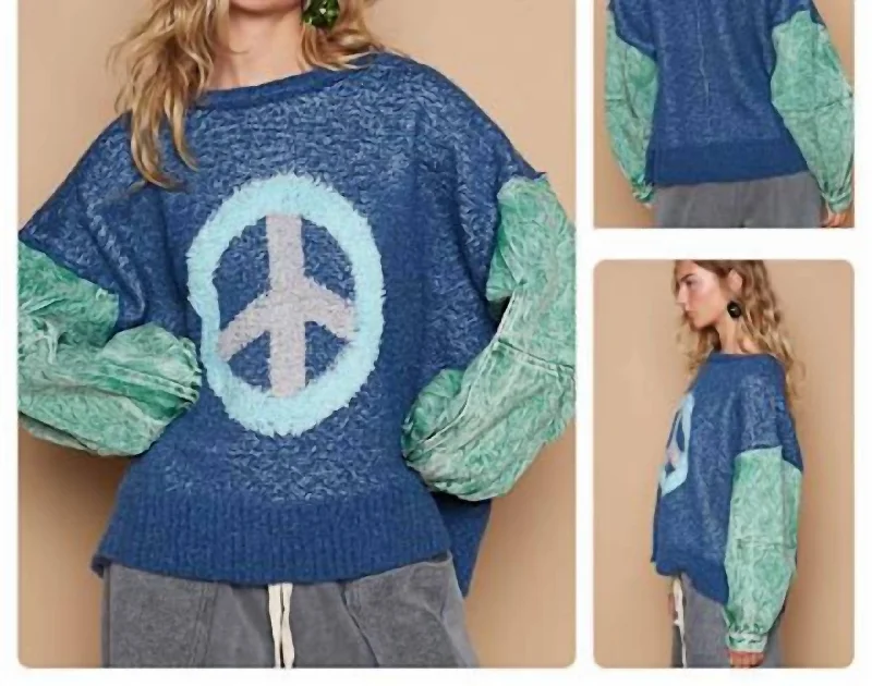 Casual Chic Peace Sign Front Sweater In Blue/mint