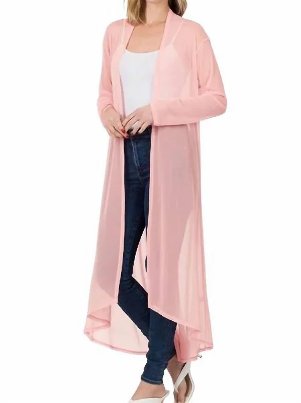 High End Women's Wear Mesh Long Open Front Cardigan In Dusty Pink
