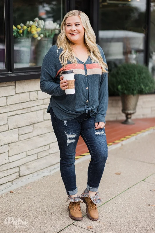 Luxury Fashion Won't be Long Button & Tie Top- Deep Teal